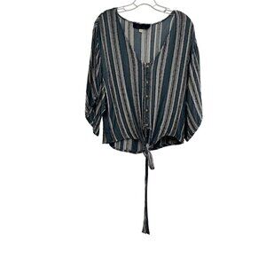 Blue Rain Women's Button Up Striped Top Knotted Hem Blue/Multi Size Small